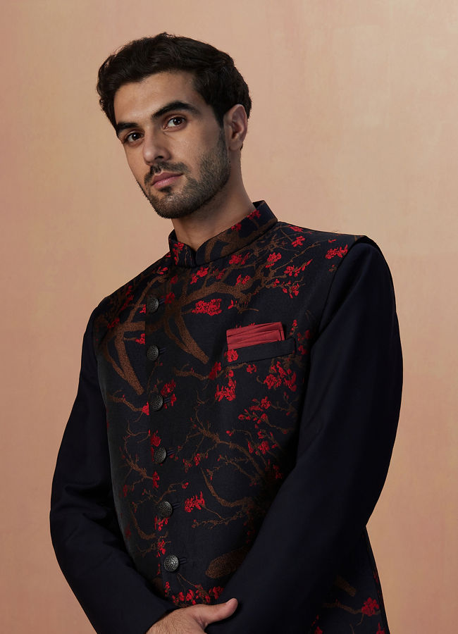 Dark Blue Indo Western With Red Floral Motifs image number 0